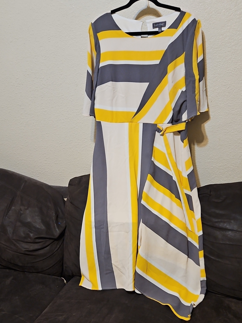 Luxology Yellow, Gray and White Striped Midi Dress